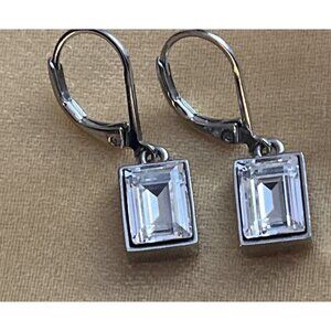 Givenchy Clear Crystal Emerald Cut Drop Earrings 1” Silver Tone Pierced